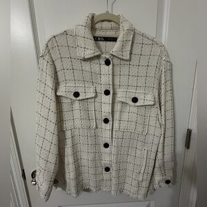 Zara Cream Tweed Shacket Jacket Black Buttons